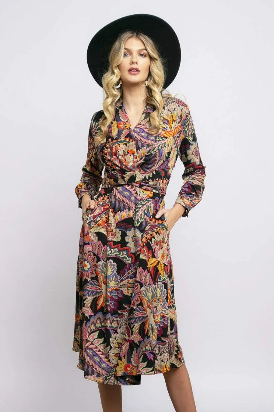 Dena Front Wrap Dress in Damascus Printed Ponte