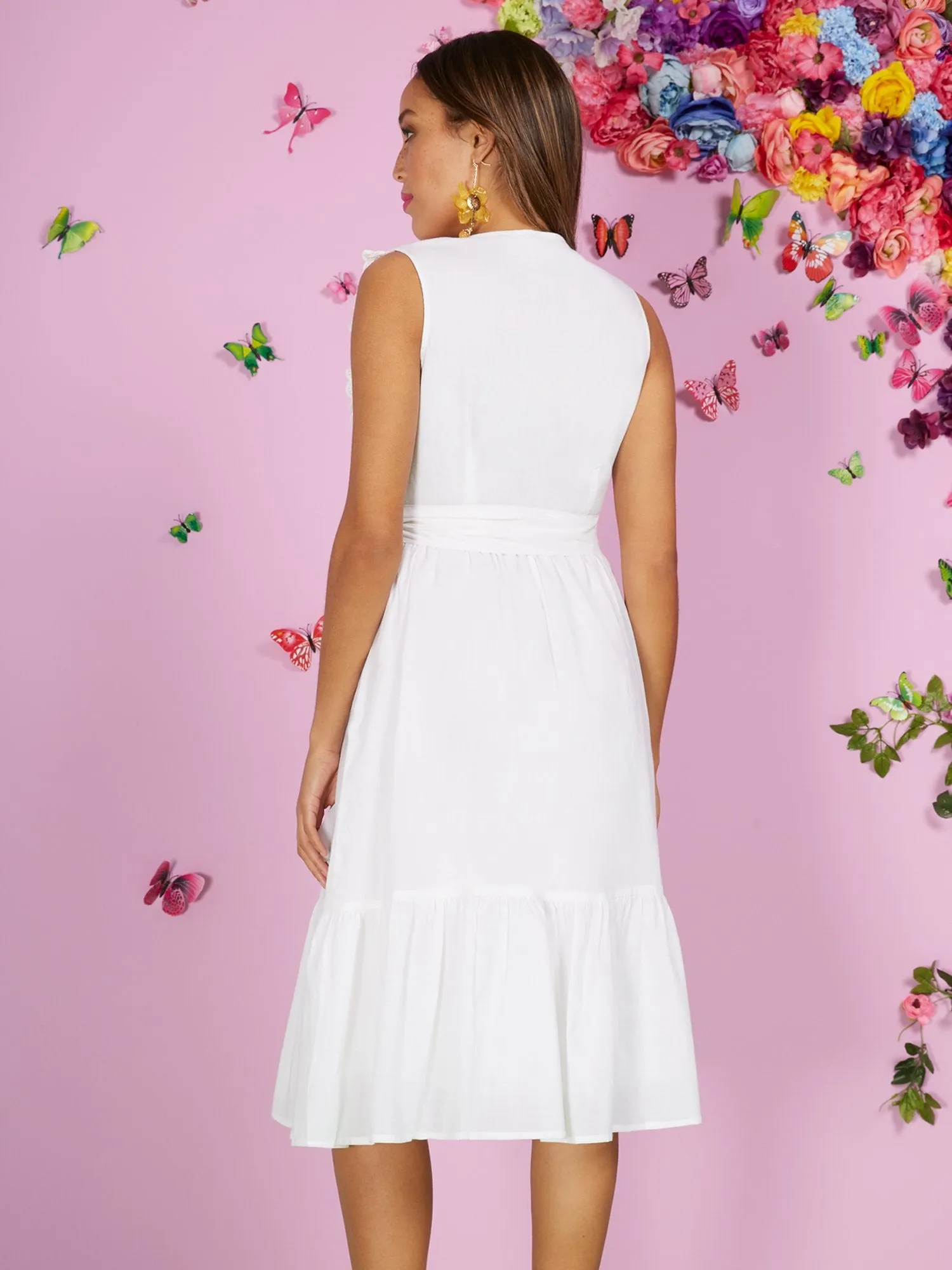 Eyelet V-Neck Sleeveless Wrap Dress