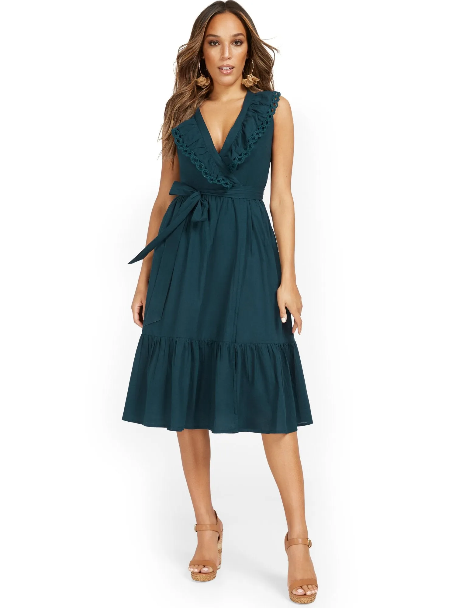 Eyelet V-Neck Sleeveless Wrap Dress