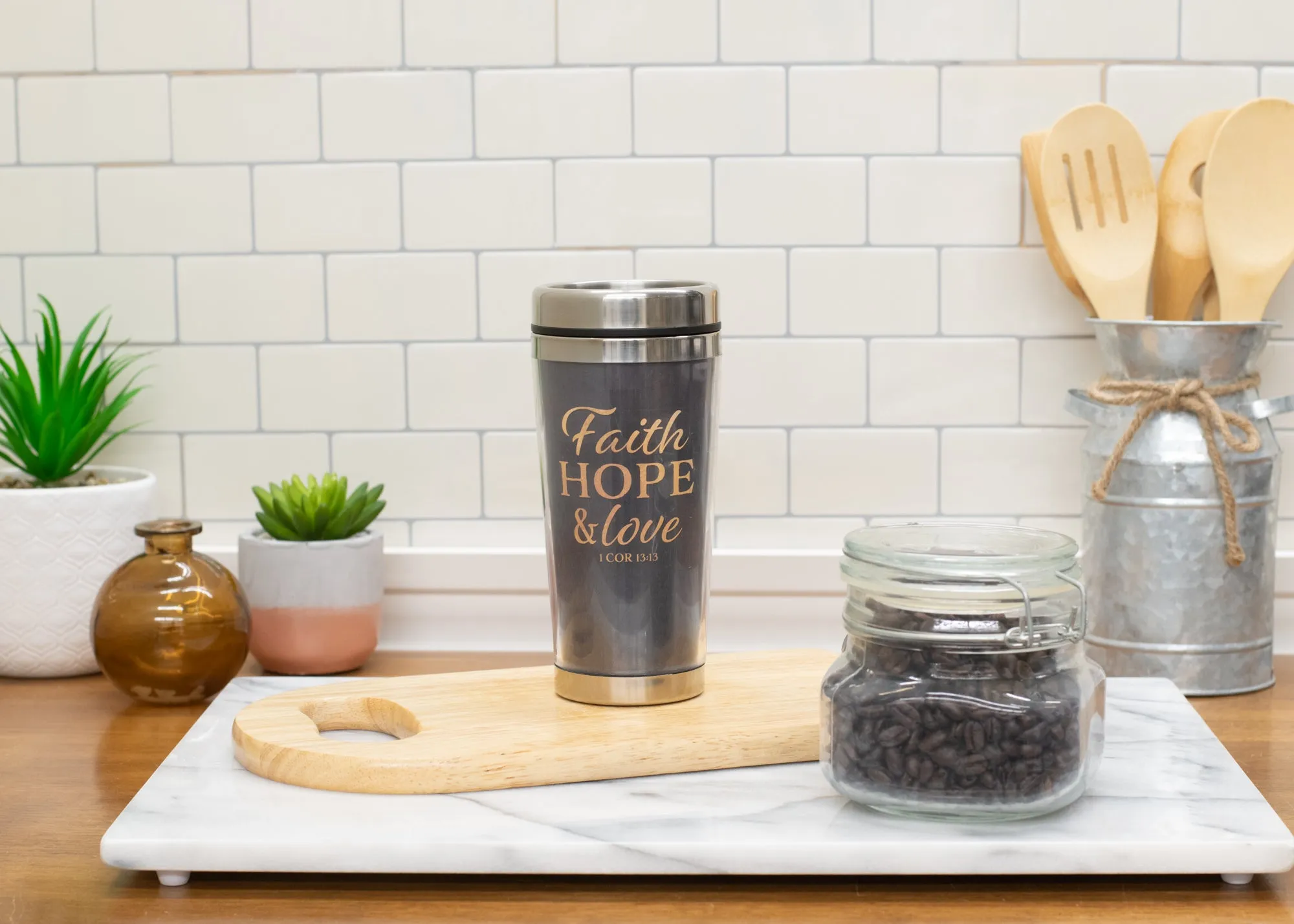Faith, Hope, Love Jet Black and Orange 16 Ounces Stainless Steel Travel Tumbler