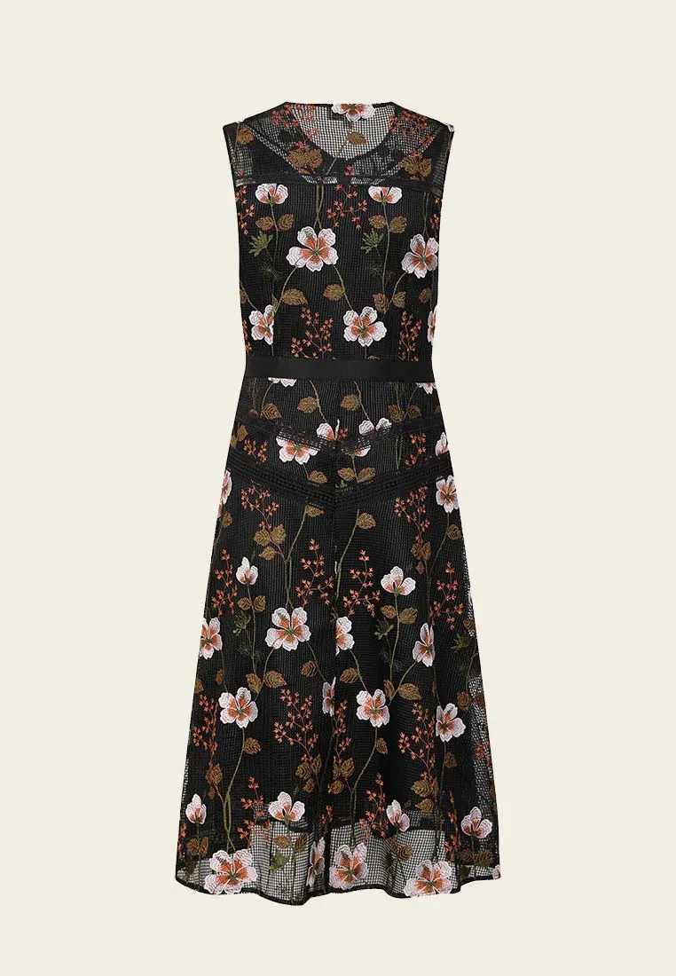 Floral Embroidered Sleeveless Cocktail Midi Dress