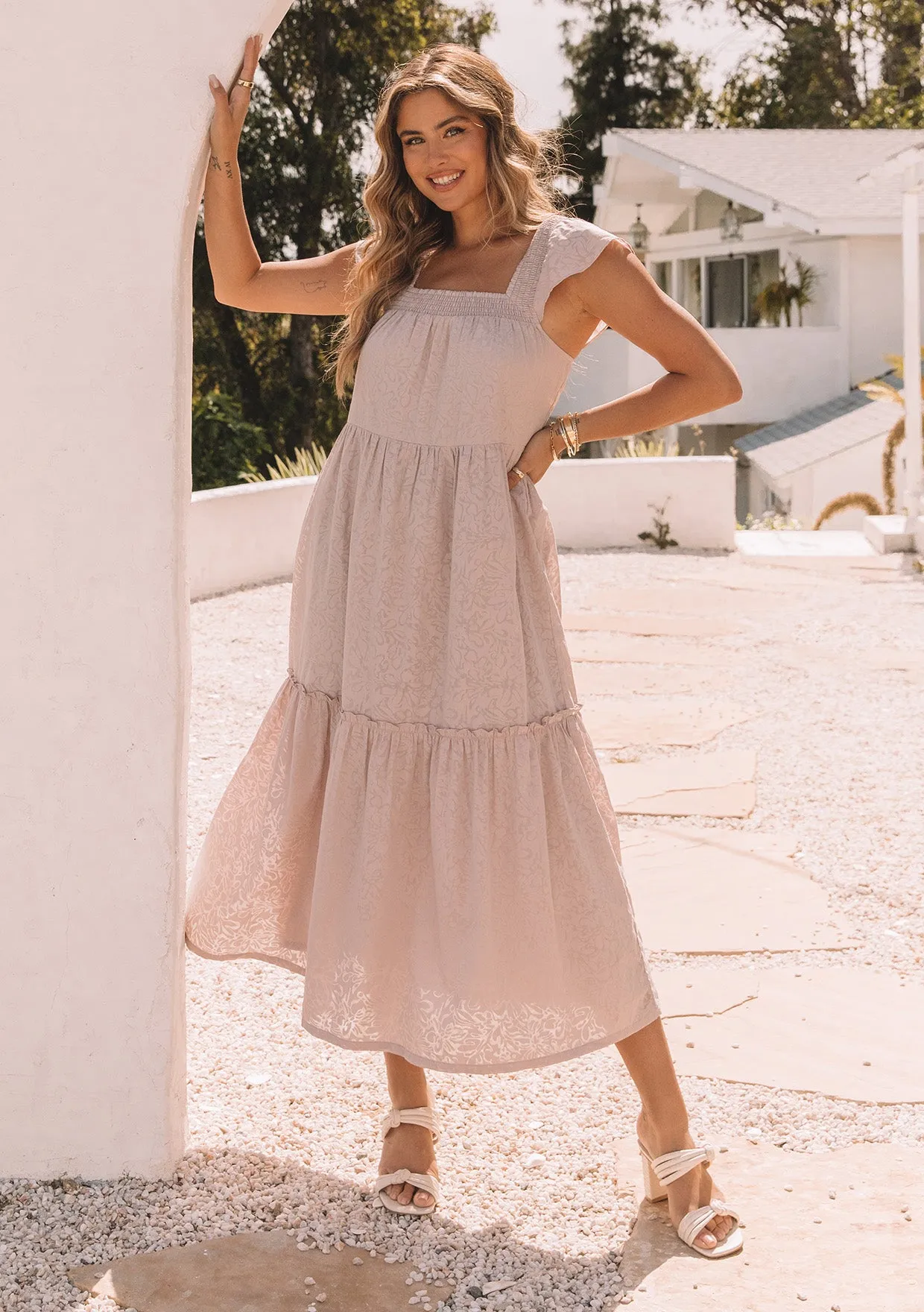 Floral Jacquard Smocked Short Sleeve Maxi Dress
