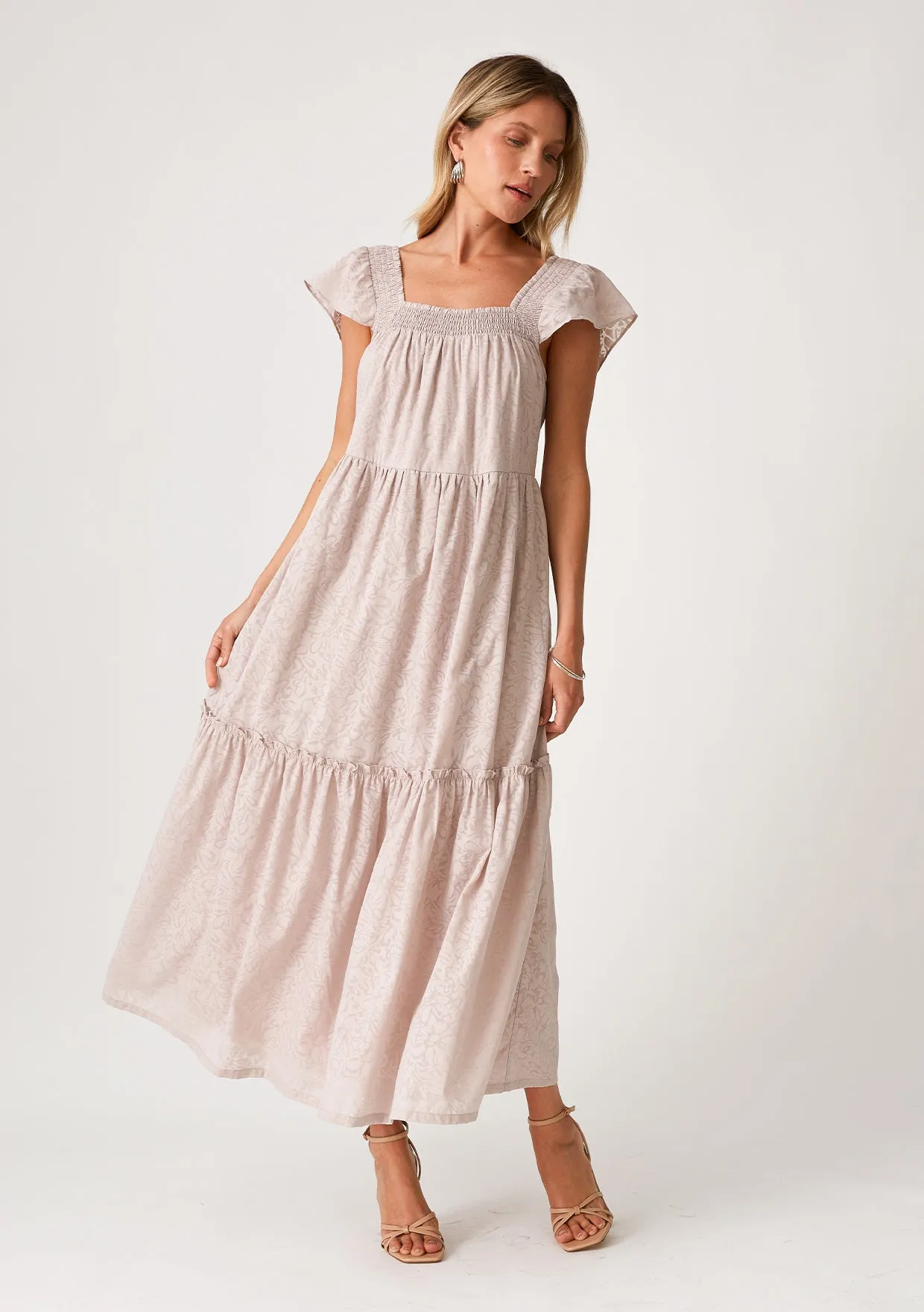 Floral Jacquard Smocked Short Sleeve Maxi Dress