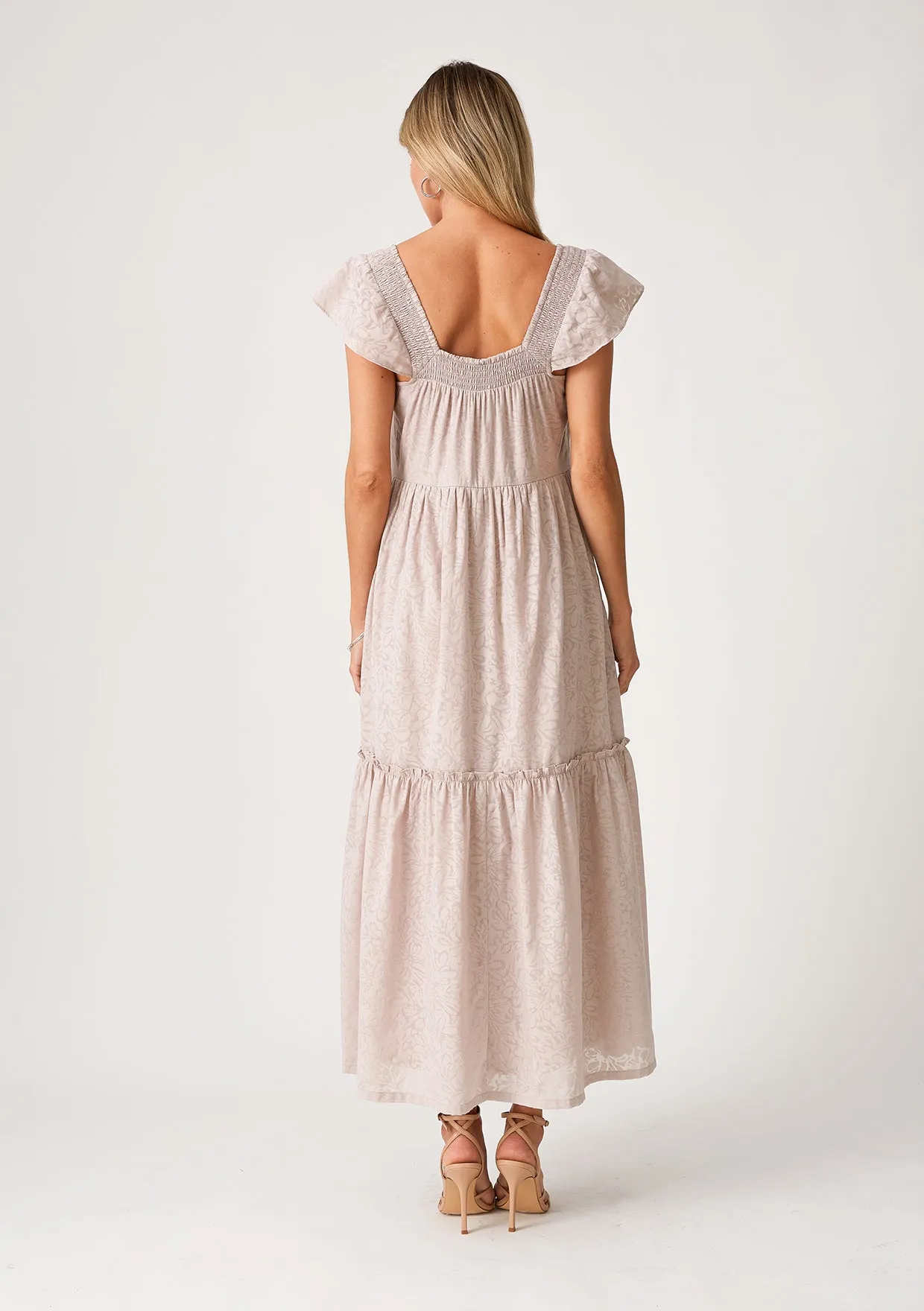 Floral Jacquard Smocked Short Sleeve Maxi Dress
