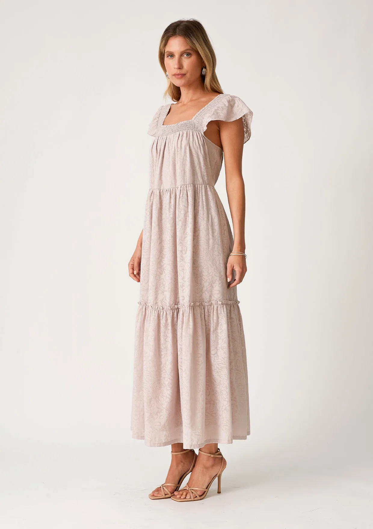 Floral Jacquard Smocked Short Sleeve Maxi Dress