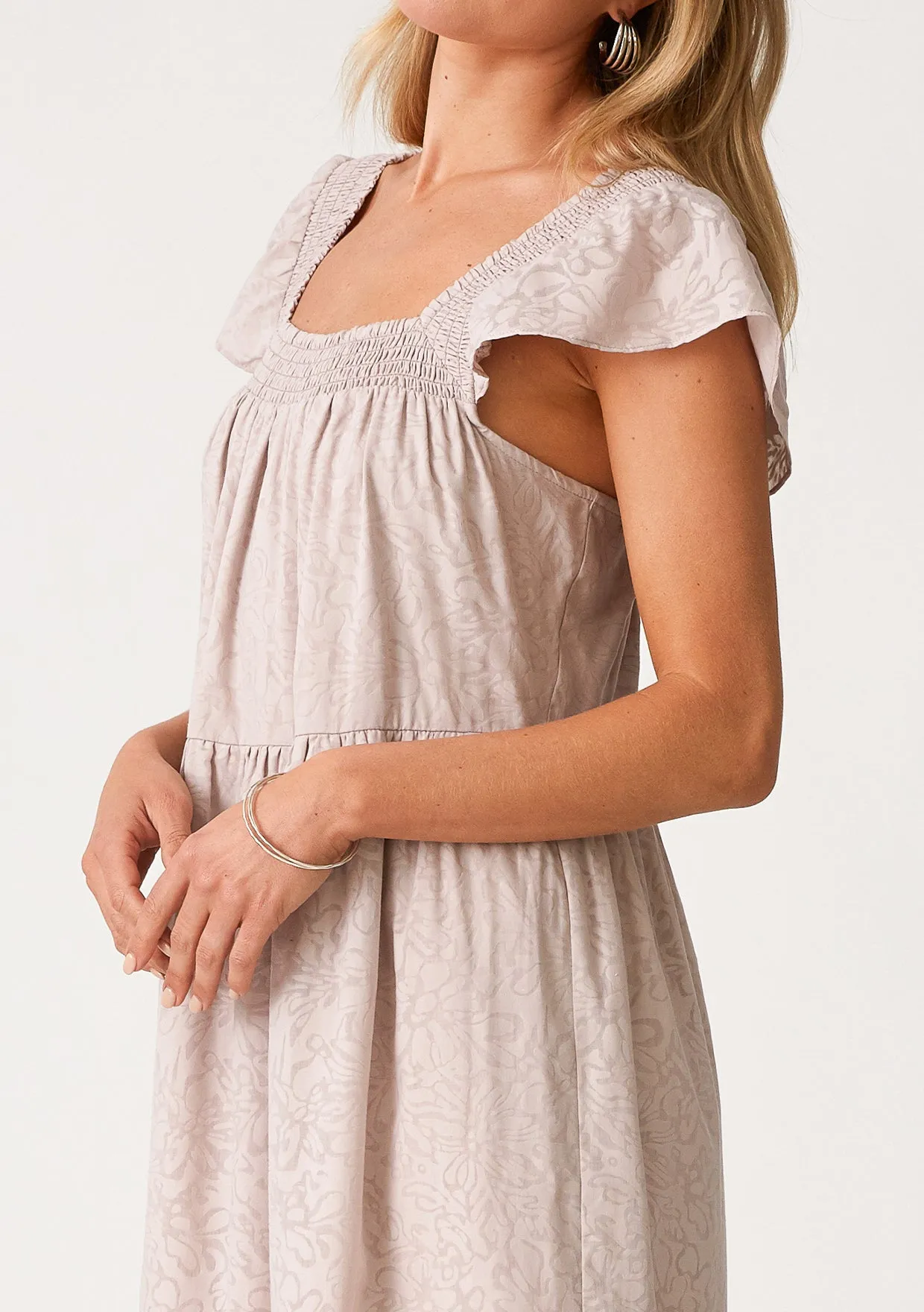 Floral Jacquard Smocked Short Sleeve Maxi Dress