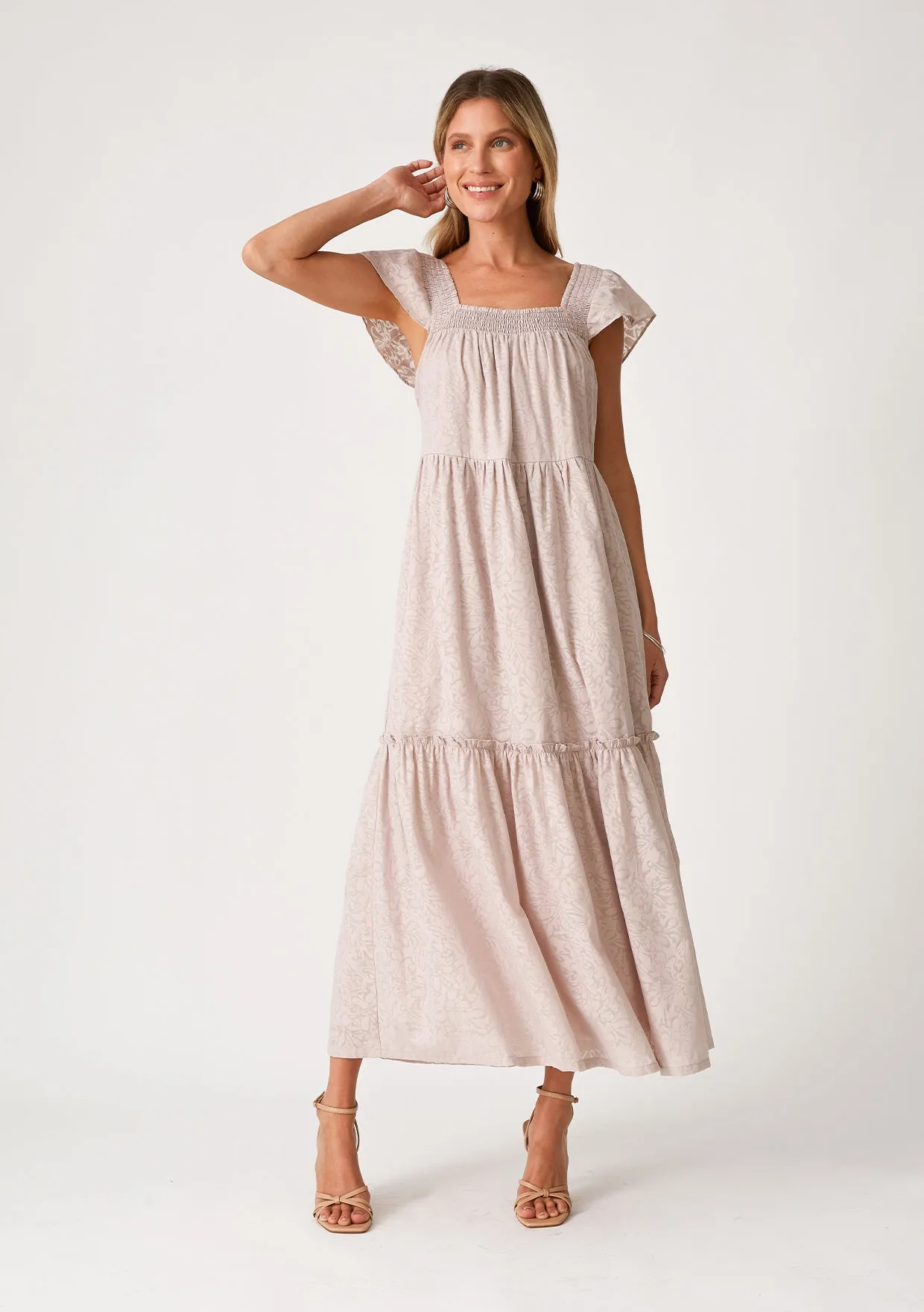 Floral Jacquard Smocked Short Sleeve Maxi Dress