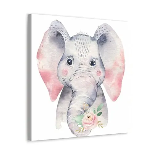 GADGETS WRAP Canvas Gallery Wrap Framed for Home Office Studio Living Room Decoration (10x10inch) - Baby Elephant With Flowers