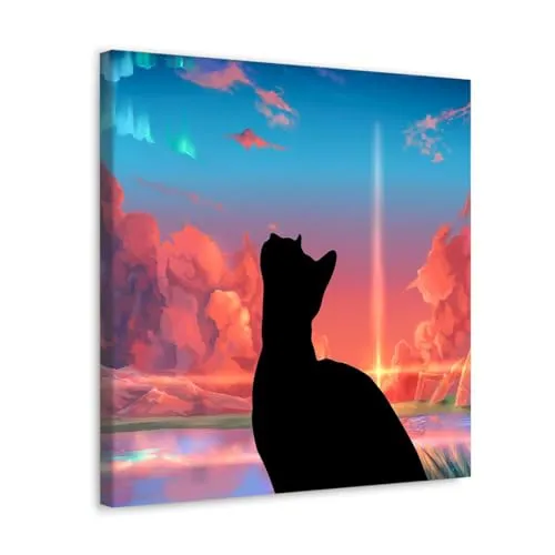 GADGETS WRAP Canvas Gallery Wrap Framed for Home Office Studio Living Room Decoration (10x10inch) - Black Cat Anime Sky