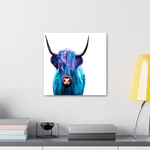 GADGETS WRAP Canvas Gallery Wrap Framed for Home Office Studio Living Room Decoration (10x10inch) - Blue Highland Cow Portrait