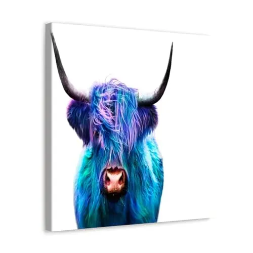 GADGETS WRAP Canvas Gallery Wrap Framed for Home Office Studio Living Room Decoration (10x10inch) - Blue Highland Cow Portrait