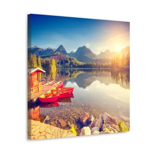 GADGETS WRAP Canvas Gallery Wrap Framed for Home Office Studio Living Room Decoration (10x10inch) - Boats On Lake With Forest Scenic