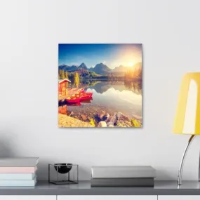 GADGETS WRAP Canvas Gallery Wrap Framed for Home Office Studio Living Room Decoration (10x10inch) - Boats On Lake With Forest Scenic