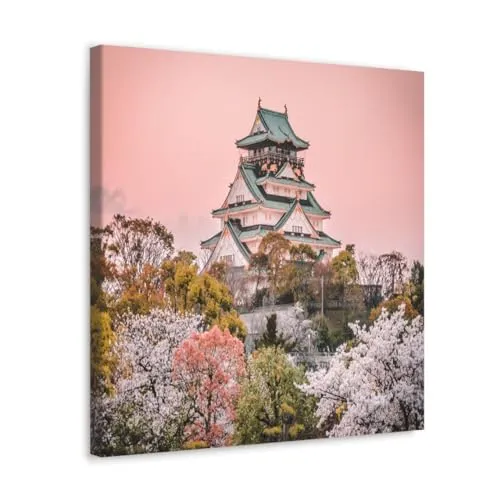 GADGETS WRAP Canvas Gallery Wrap Framed for Home Office Studio Living Room Decoration (10x10inch) - Castle Japan Blossom Trees