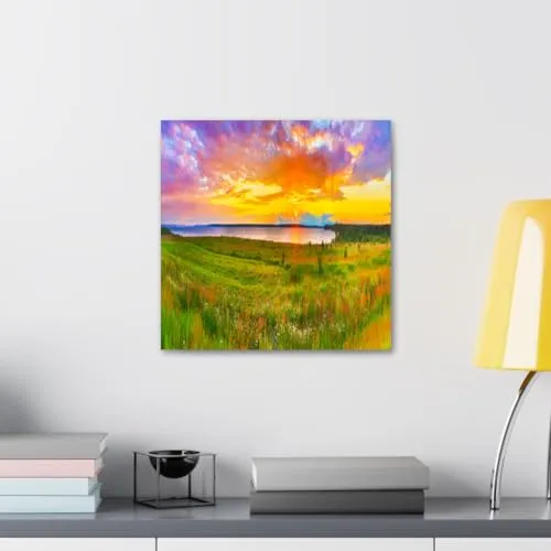 GADGETS WRAP Canvas Gallery Wrap Framed for Home Office Studio Living Room Decoration (10x10inch) - Grass Field & Lake View Photograph