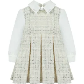 Girls Ivory & Silver Cotton Tweed Dress