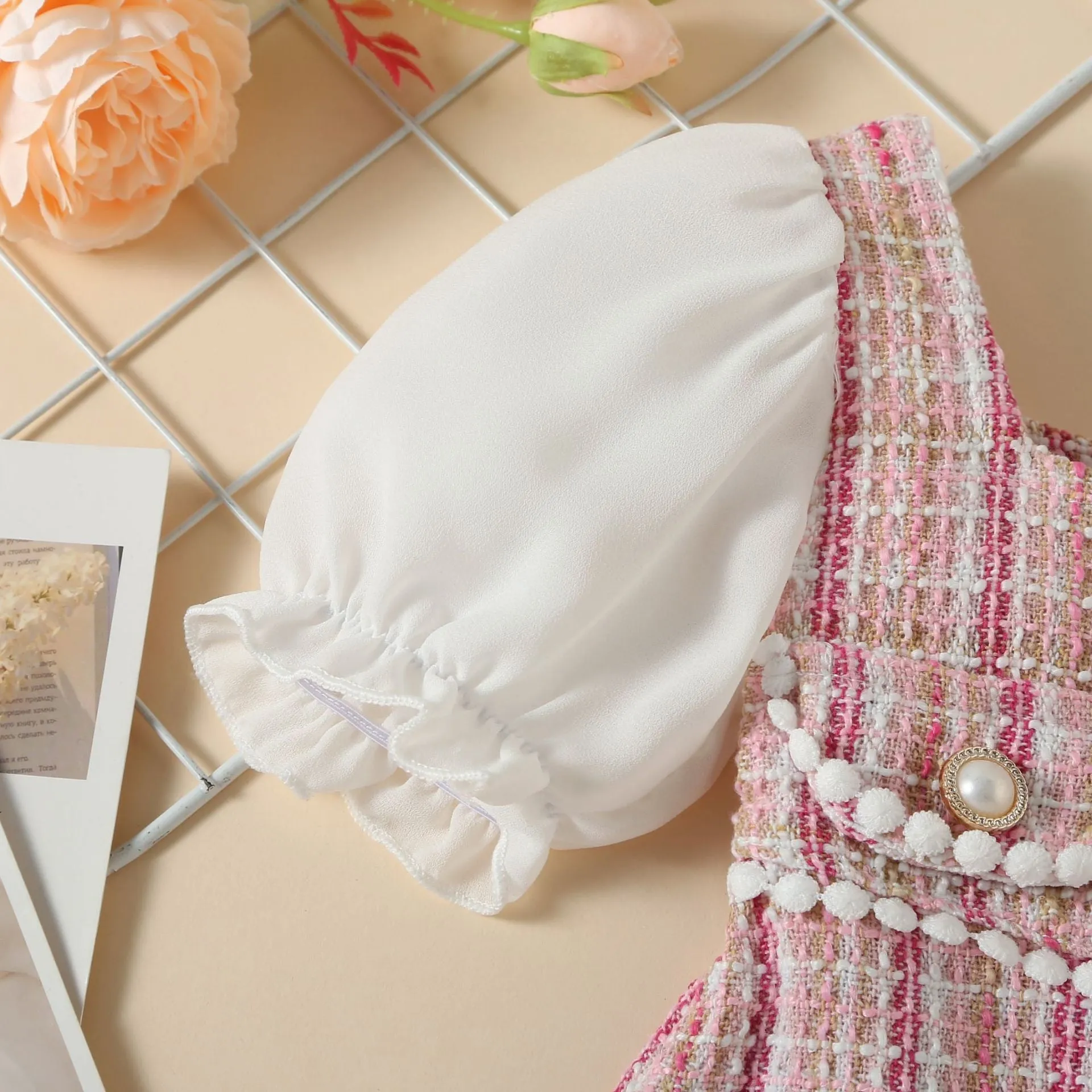 Girls Princess Dress Puff Sleeve - Pink Tweed