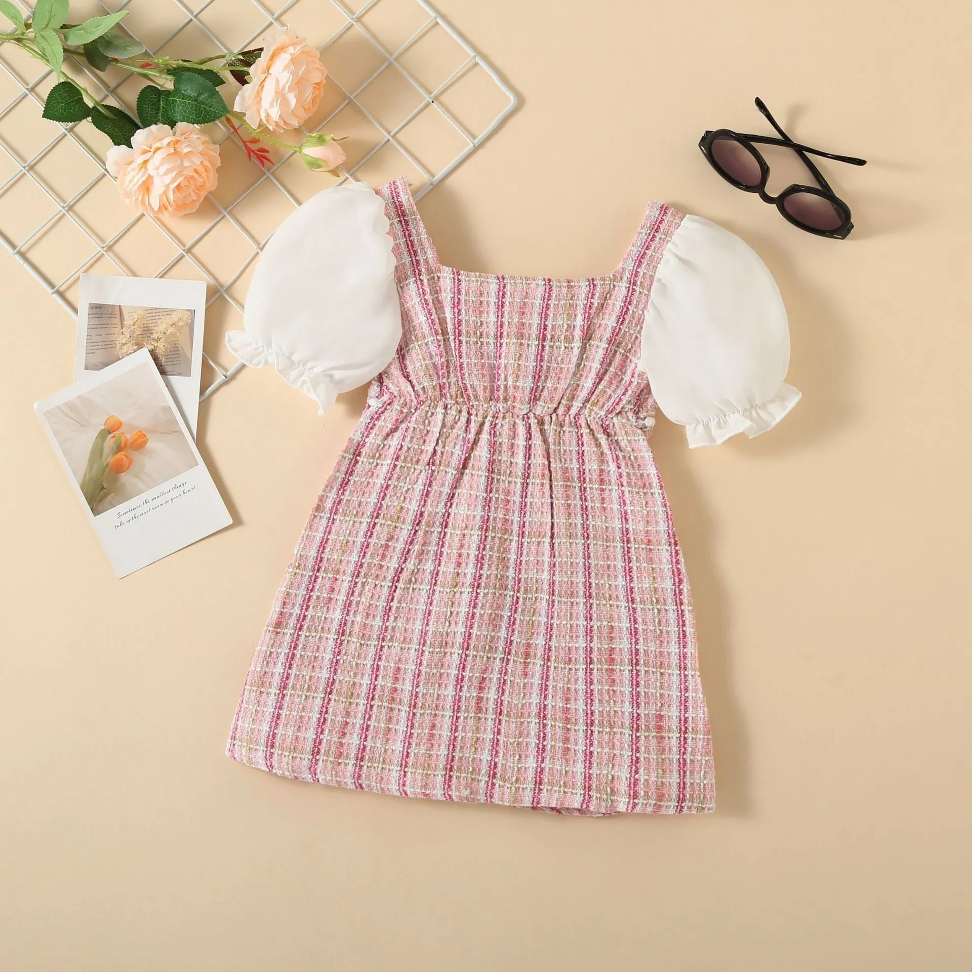 Girls Princess Dress Puff Sleeve - Pink Tweed