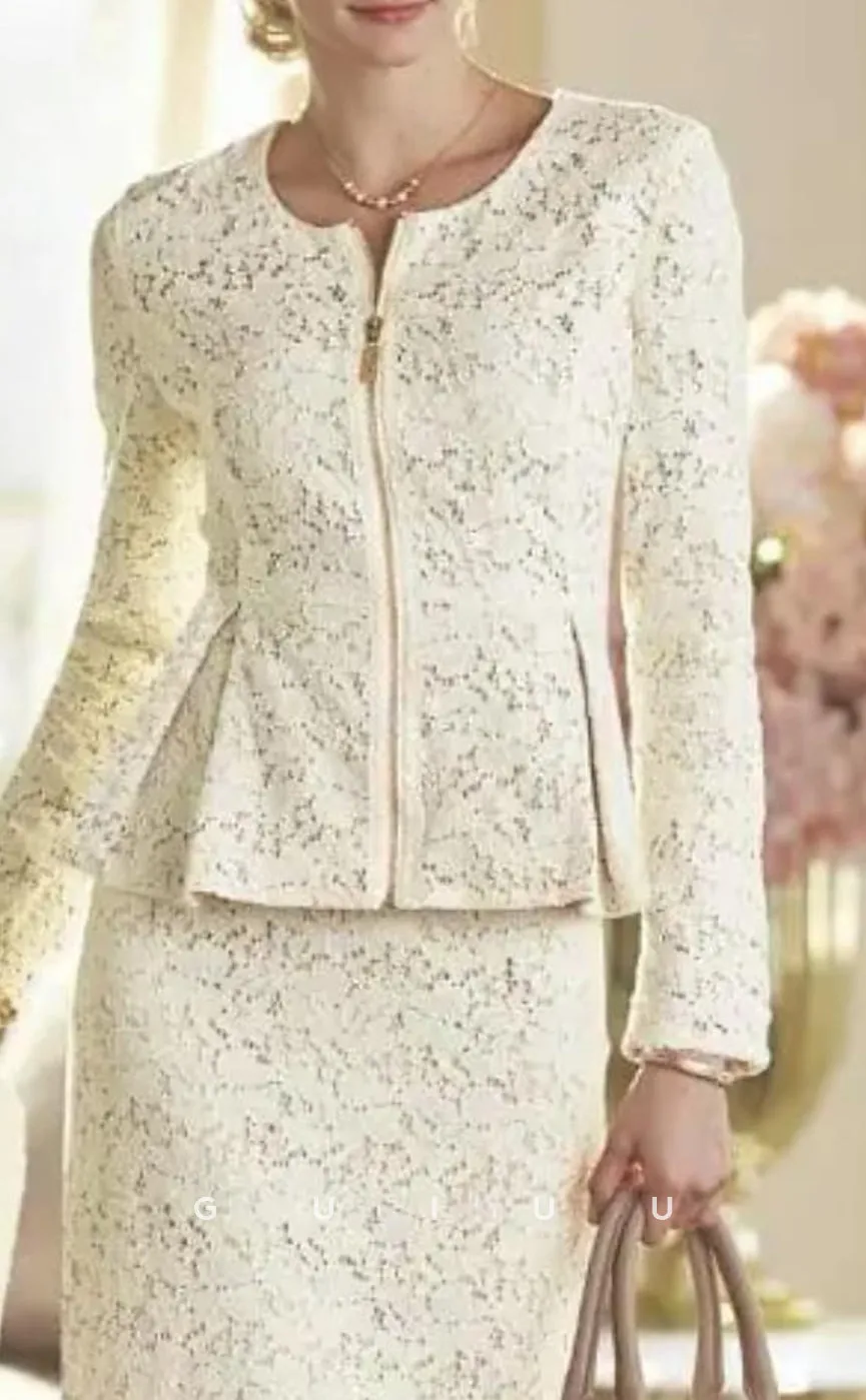 GM110 - Two Piece Sheath Scoop Neck Long Sleeves Knee Length Lace Mother of the Bride Dress Wrap Included
