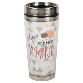 Good Morning Pumpkin Geometric Orange 16 ounce Stainless Steel Travel Tumbler Mug with Lid
