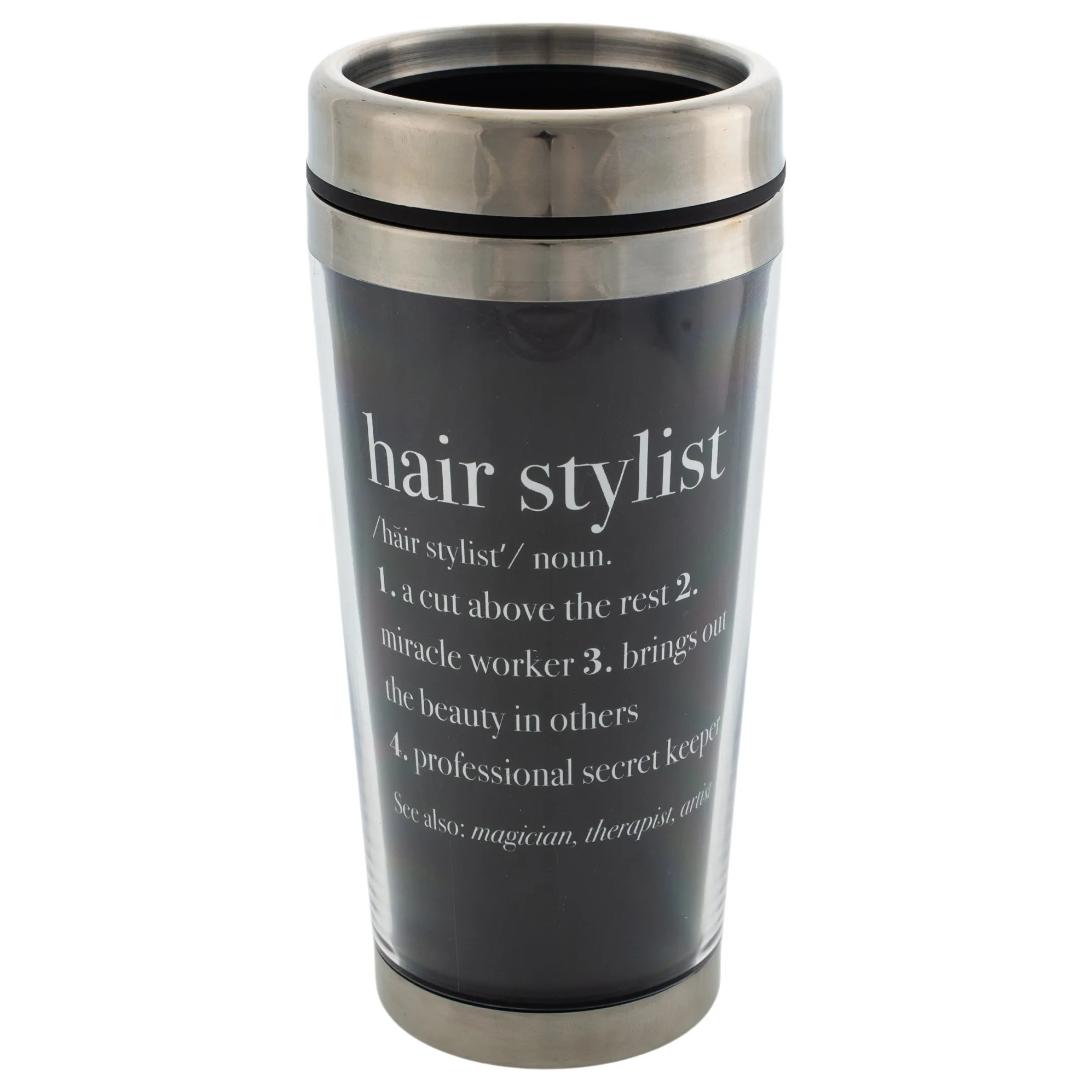 Hair Stylist Definition Black 16 Ounce Stainless Steel Travel Mug with Lid