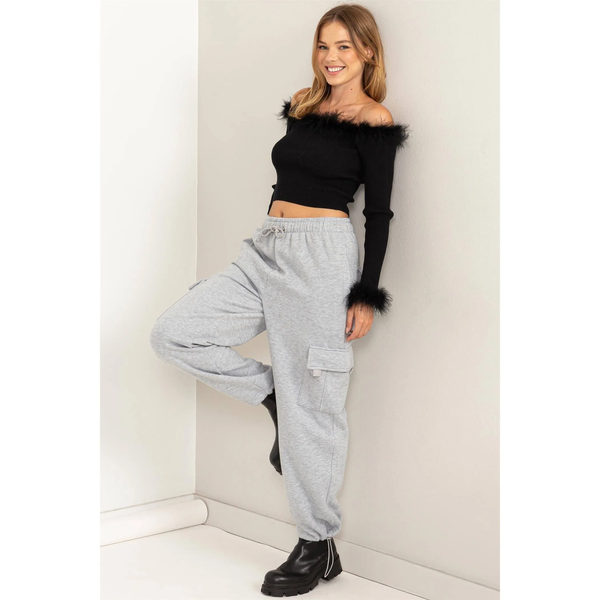 Hey Girl, Brushed French Terry Cargo Sweat Pants