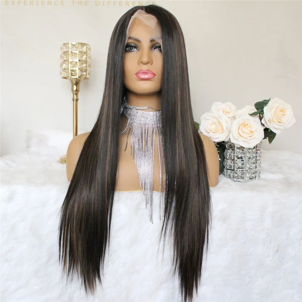 Highlight Wig Colored Middle Part  Synthetic Wigs Pre Plucked Ombre Lace Frontal Wig For Women