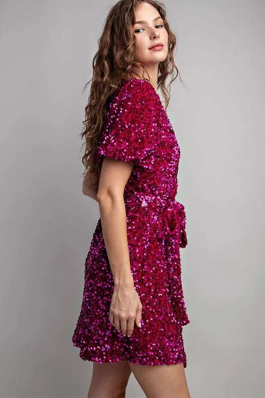 Hot Pink Short Sleeve Sequin Wrap Mini Dress