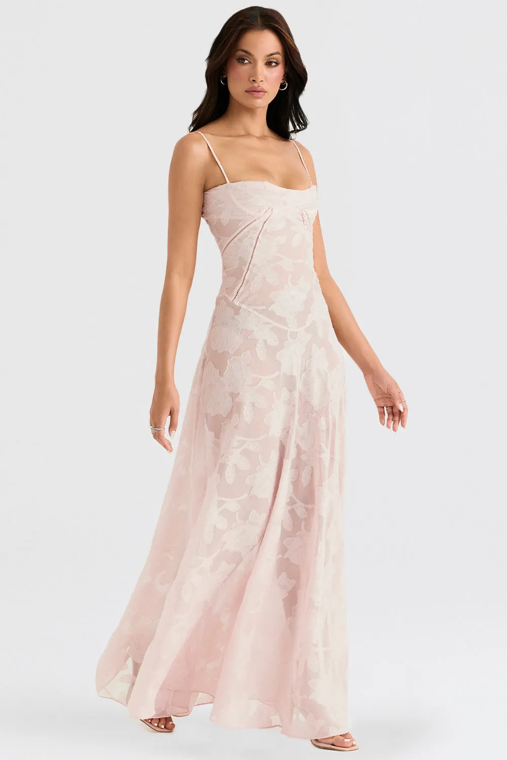 House of CB Seren Soft Pink Floral Lack Back Maxi Dress