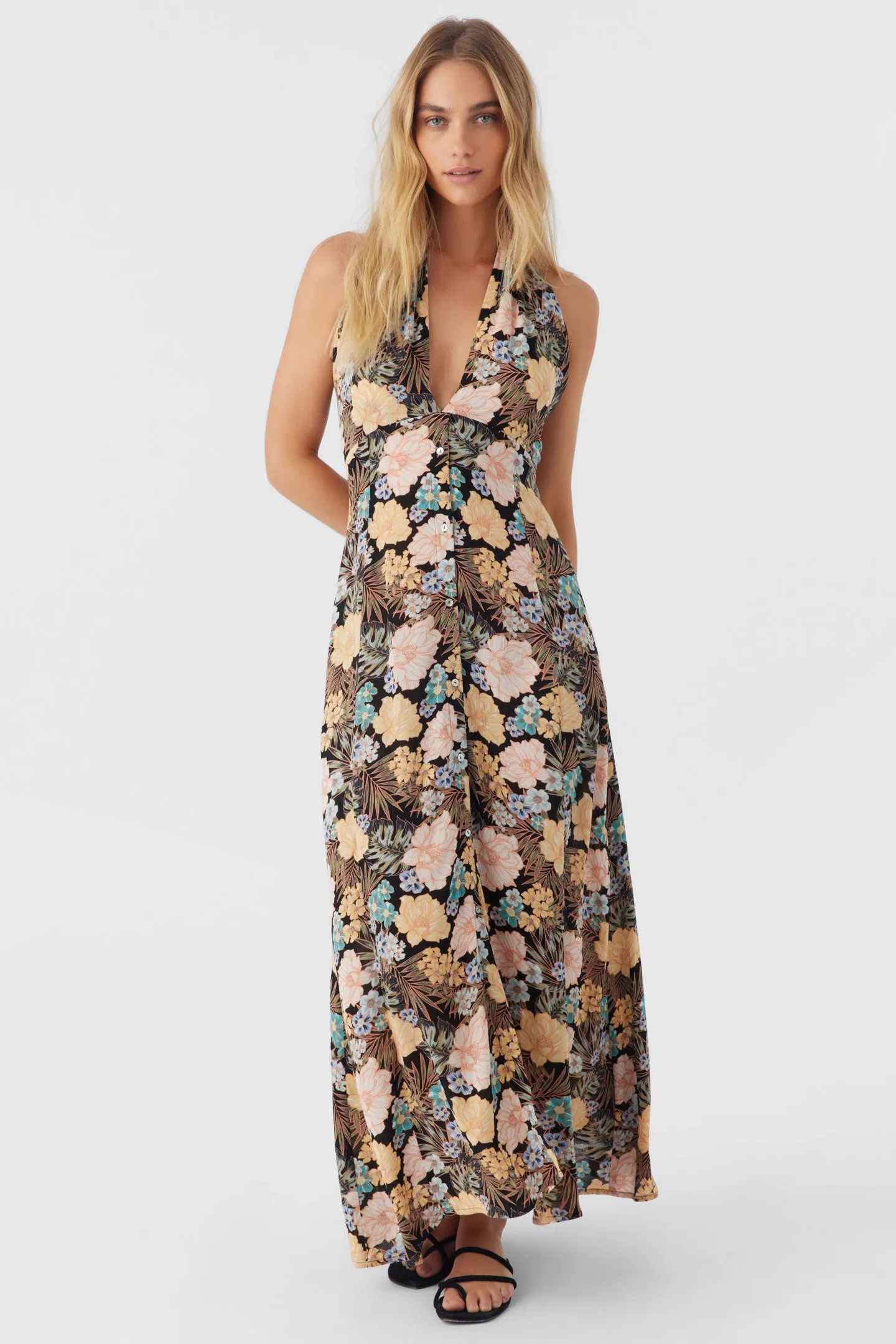 JEMMA MACAW TROPICAL HALTER MAXI DRESS