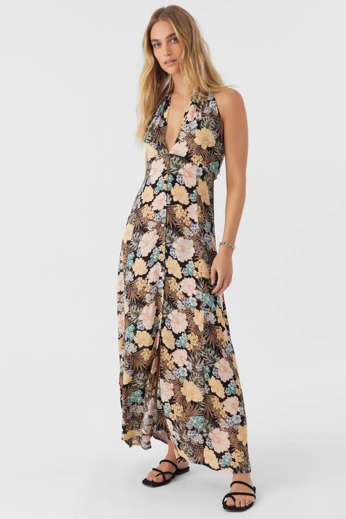 JEMMA MACAW TROPICAL HALTER MAXI DRESS