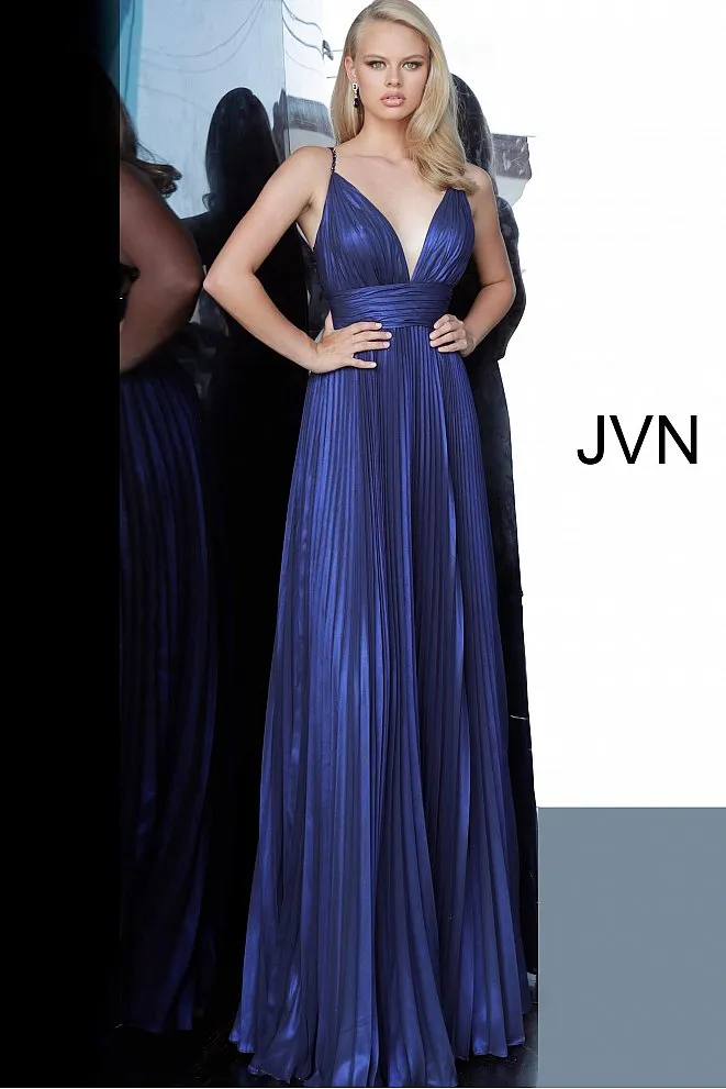 Jovani JVN03061 Size 6 Long Iridescent Pleated Prom Dress Navy Shimmer V Neck