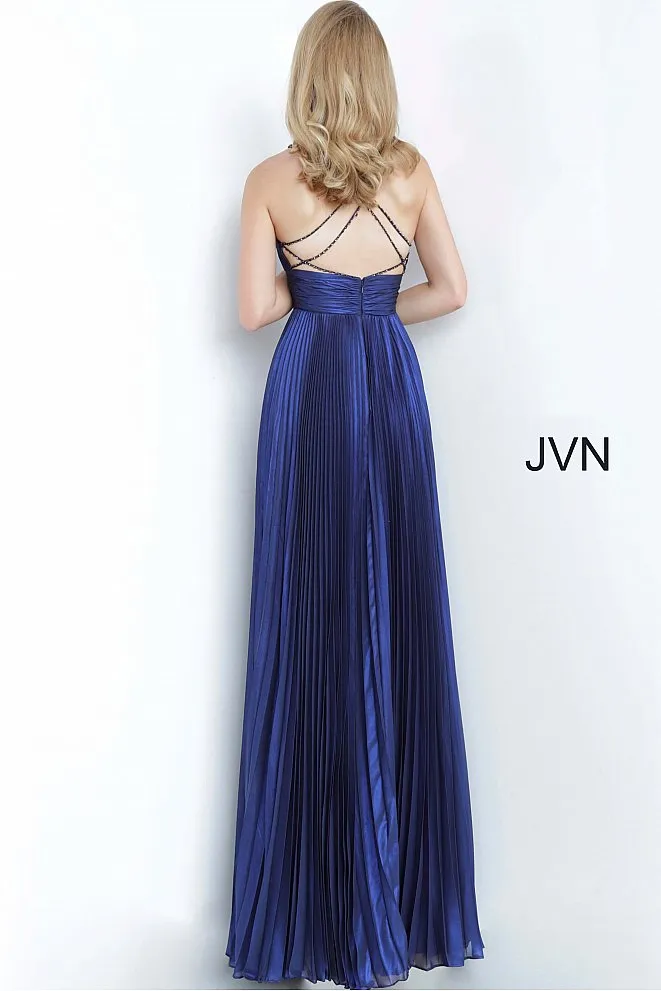 Jovani JVN03061 Size 6 Long Iridescent Pleated Prom Dress Navy Shimmer V Neck