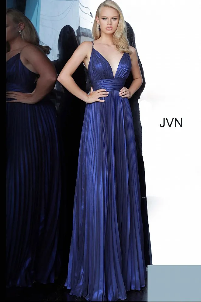 Jovani JVN03061 Size 6 Long Iridescent Pleated Prom Dress Navy Shimmer V Neck