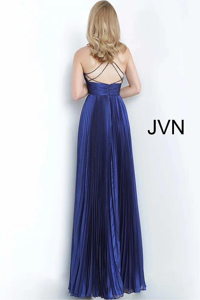 Jovani JVN03061 Size 6 Long Iridescent Pleated Prom Dress Navy Shimmer V Neck