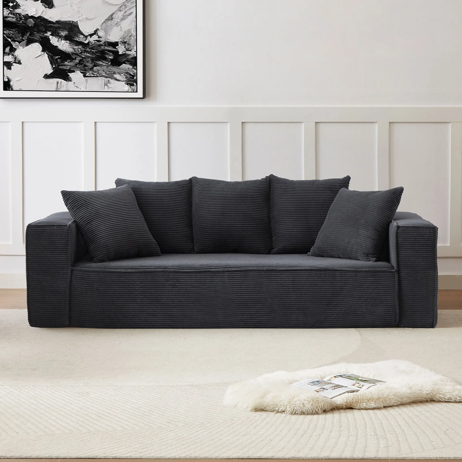 La Cagliari  - Soft Corduroy Upholstery Streamlined Design sofa with 5 Pillows, Ample and Cozy 3 Seater Couch for Modern Spaces for Living room,office BLACK