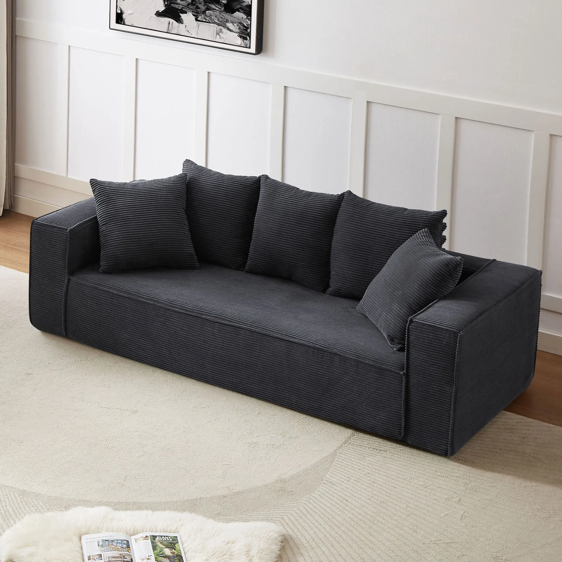 La Cagliari  - Soft Corduroy Upholstery Streamlined Design sofa with 5 Pillows, Ample and Cozy 3 Seater Couch for Modern Spaces for Living room,office BLACK