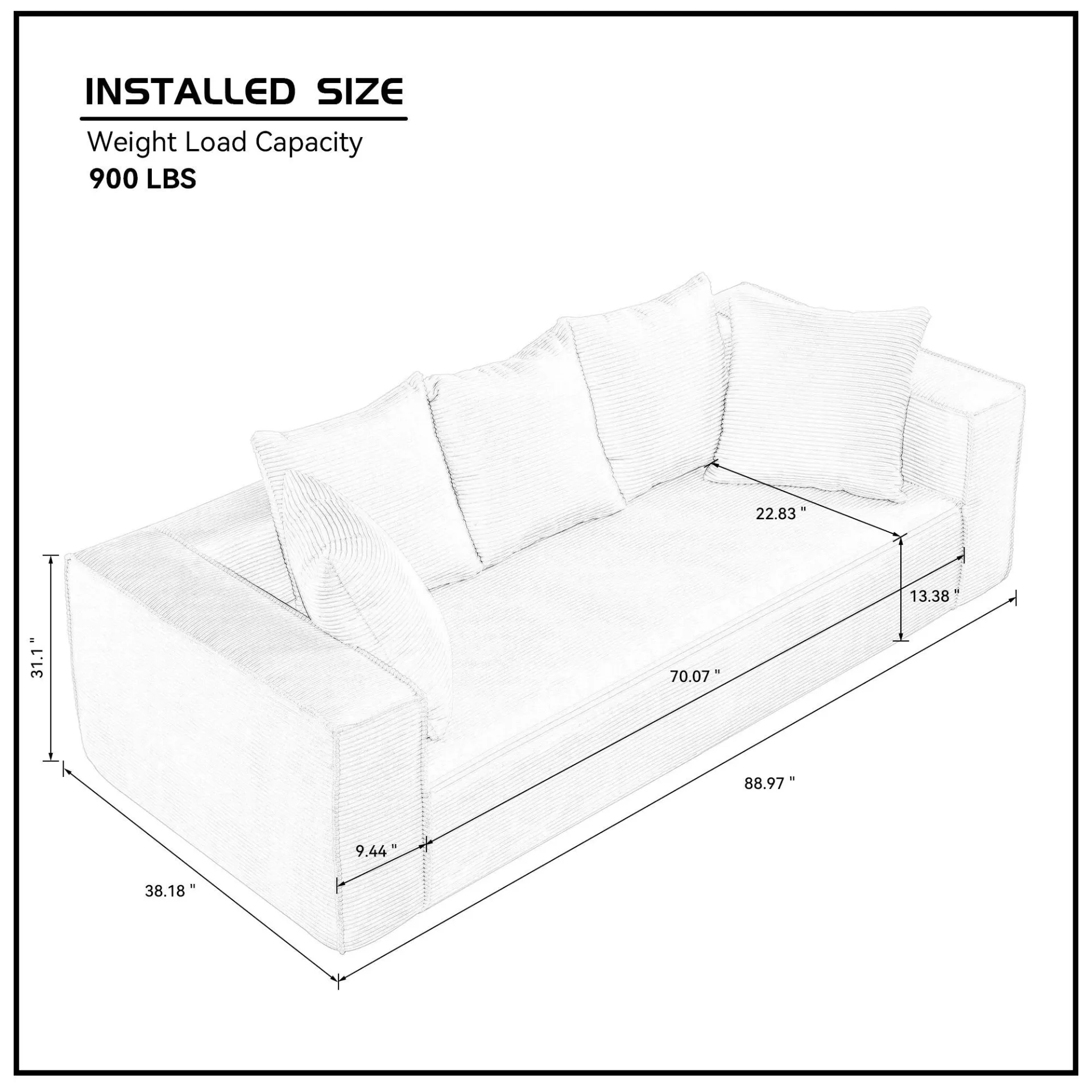 La Cagliari  - Soft Corduroy Upholstery Streamlined Design sofa with 5 Pillows, Ample and Cozy 3 Seater Couch for Modern Spaces for Living room,office BLACK