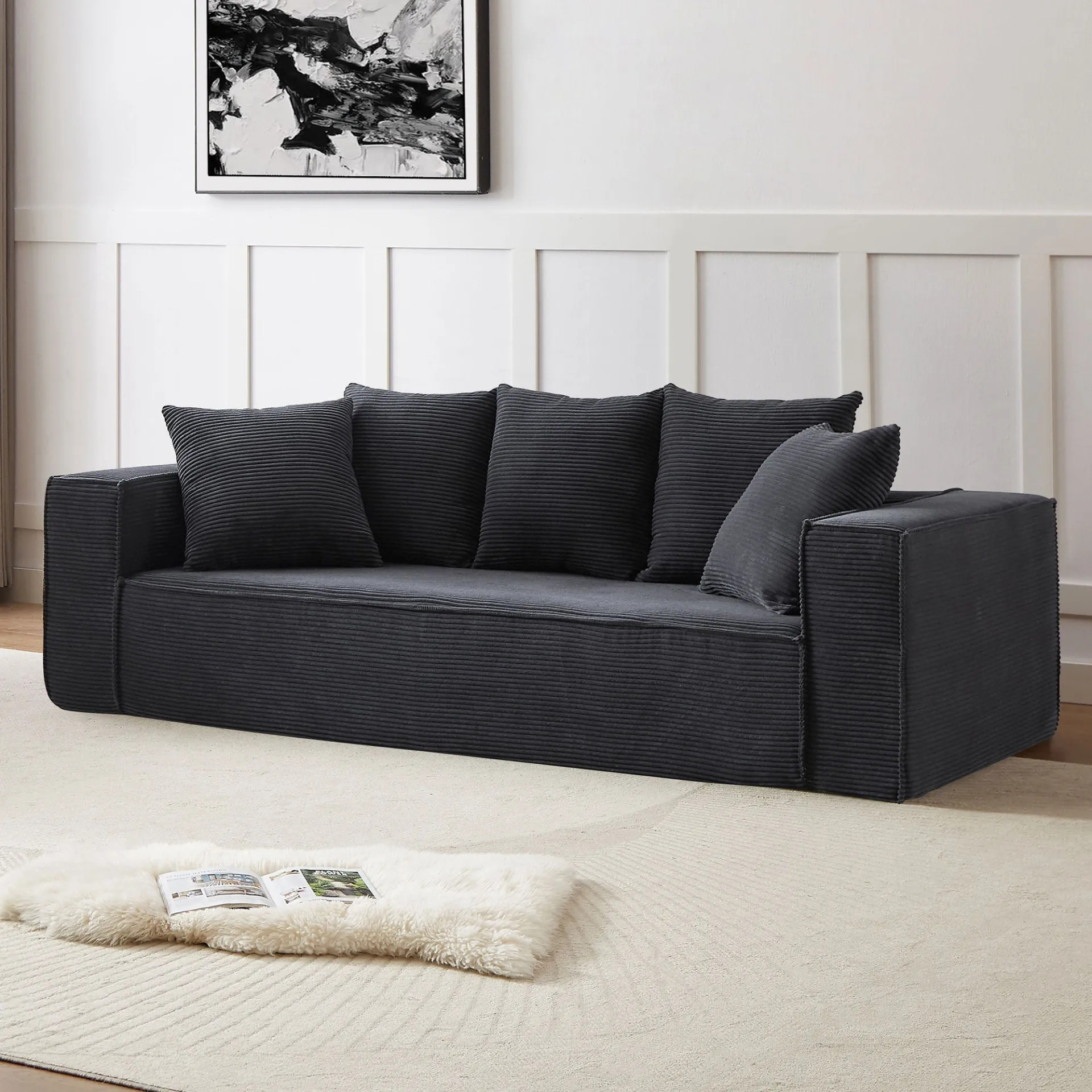 La Cagliari  - Soft Corduroy Upholstery Streamlined Design sofa with 5 Pillows, Ample and Cozy 3 Seater Couch for Modern Spaces for Living room,office BLACK