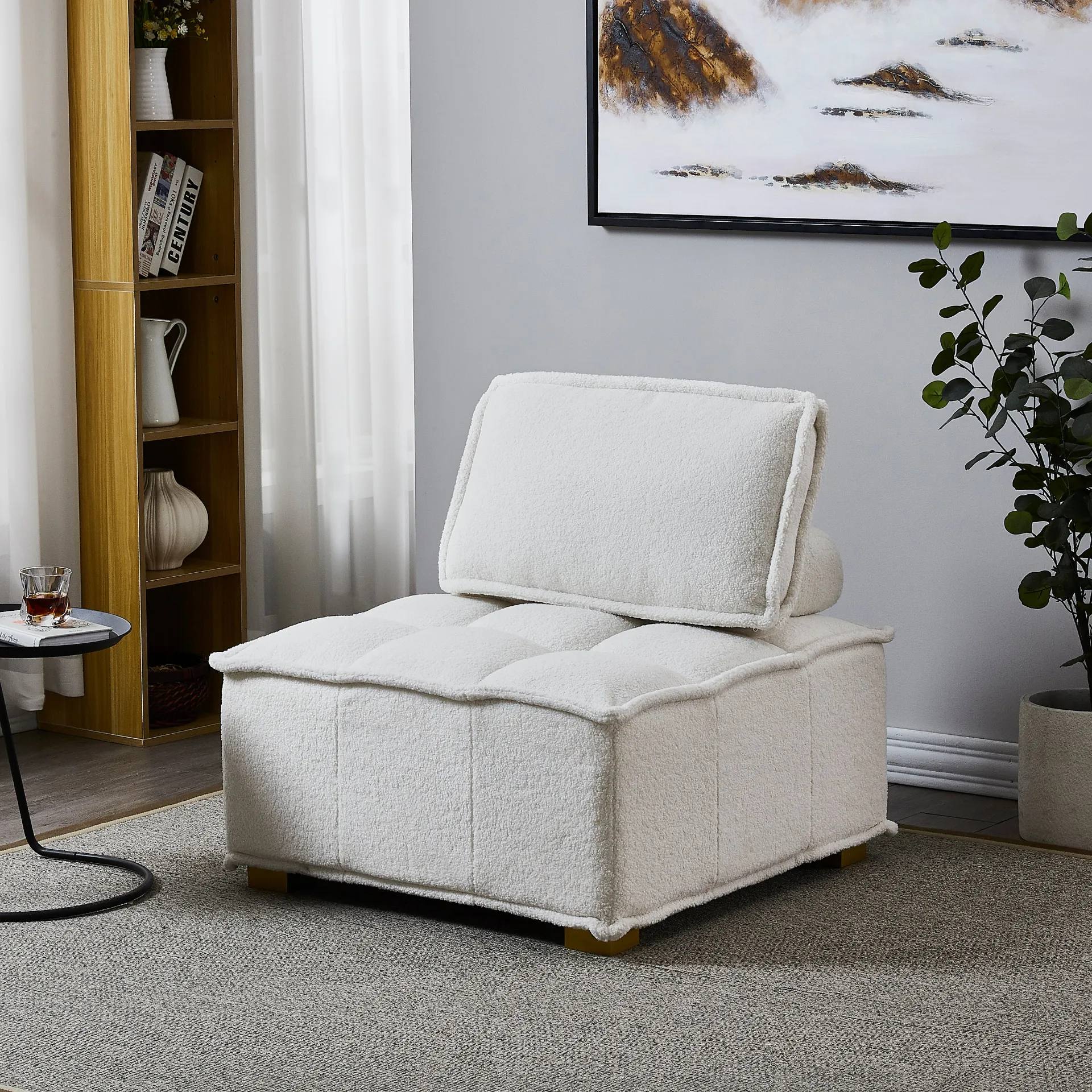 Lille | Modern Luxury White Plush Lazy sofa Ottoman with gold wooden legs