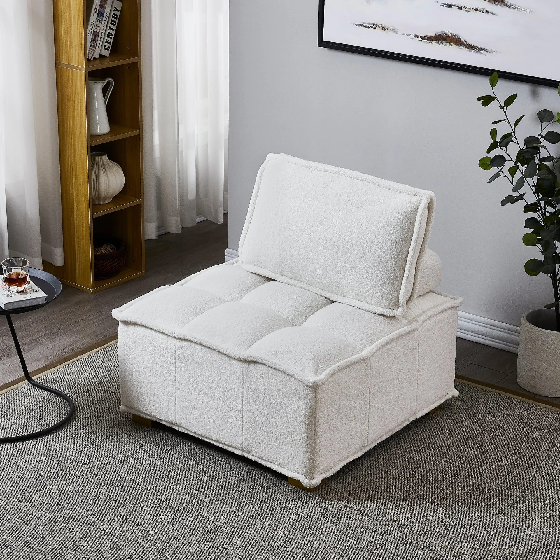 Lille | Modern Luxury White Plush Lazy sofa Ottoman with gold wooden legs