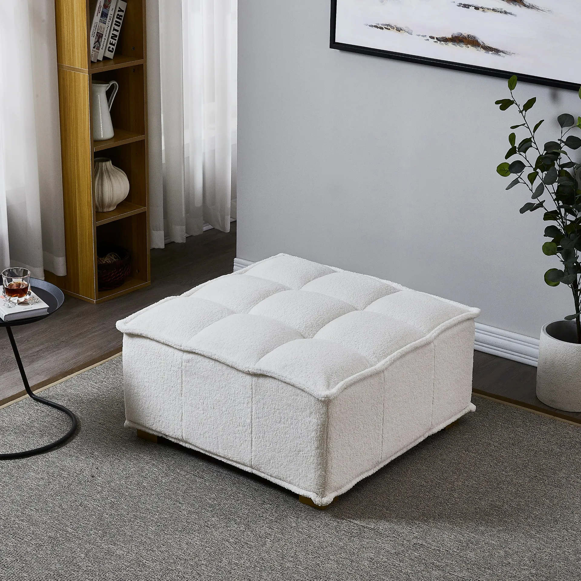 Lille | Modern Luxury White Plush Lazy sofa Ottoman with gold wooden legs