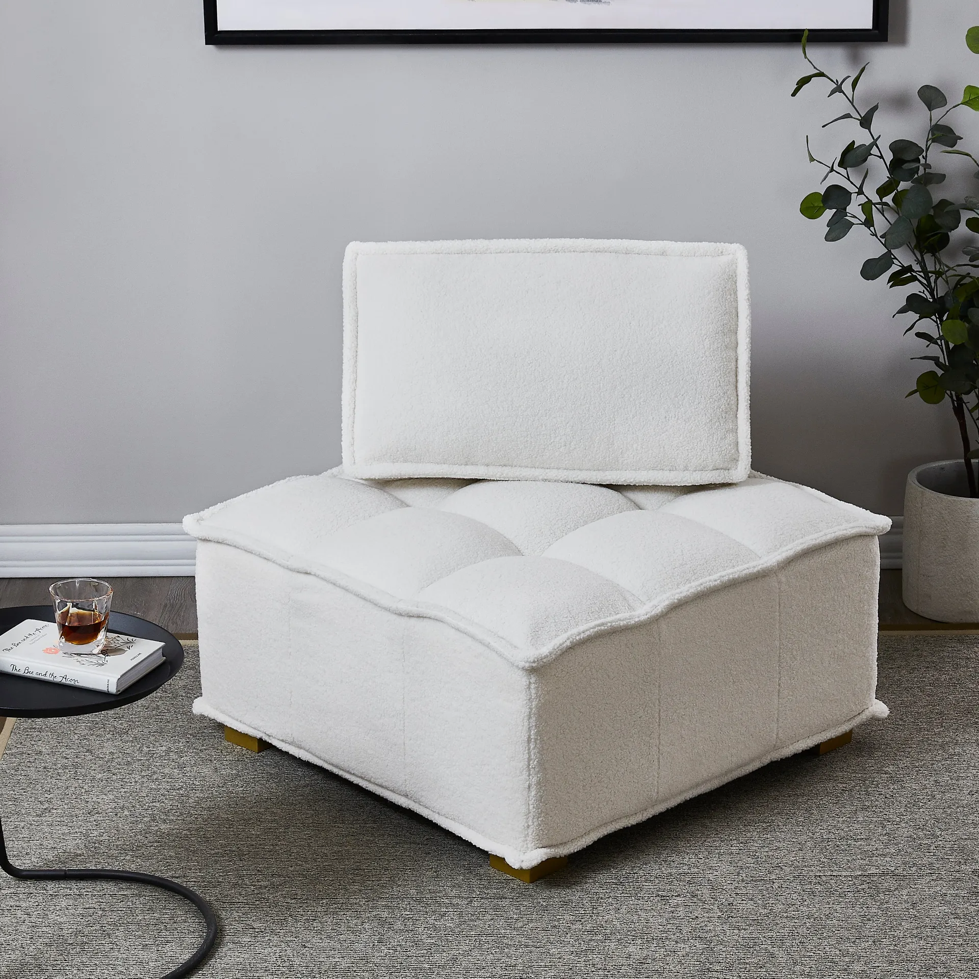 Lille | Modern Luxury White Plush Lazy sofa Ottoman with gold wooden legs