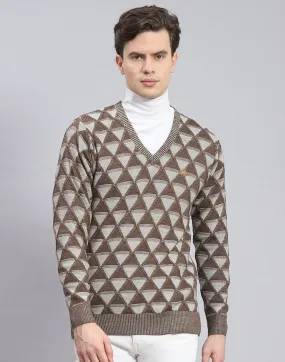 Men Brown Self Design V Neck Full Sleeve Pullover