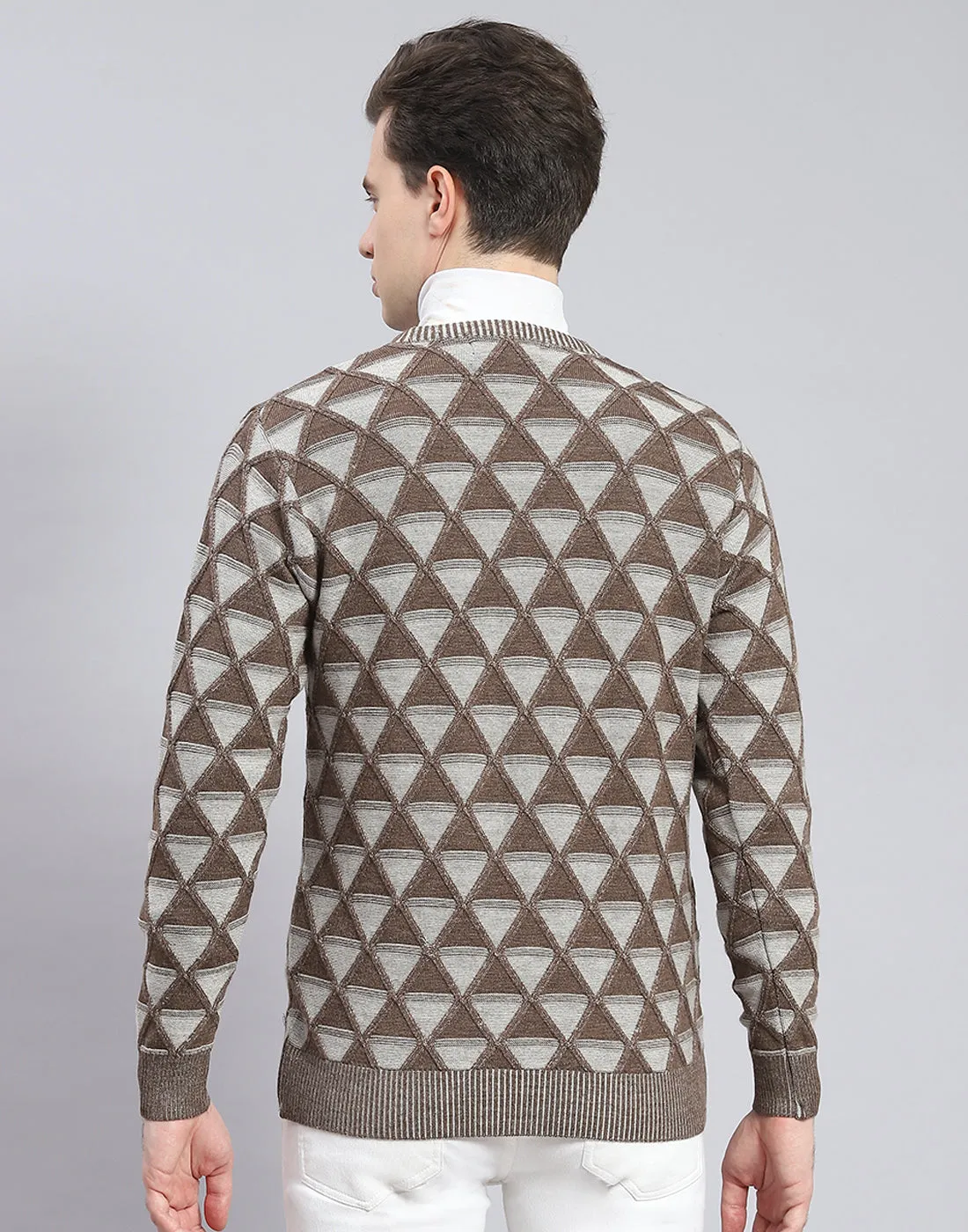Men Brown Self Design V Neck Full Sleeve Pullover