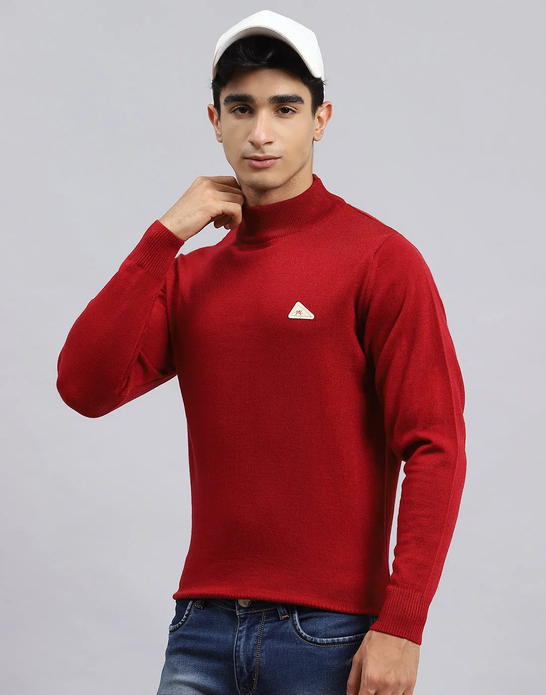Men Red Solid Turtle Neck Full Sleeve Pullover