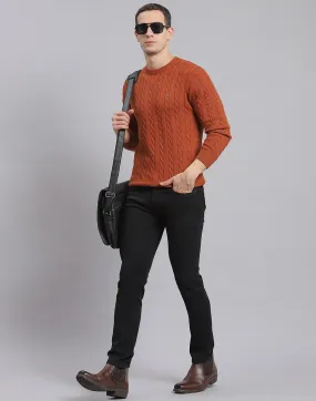Men Rust Self Design Round Neck Full Sleeve Sweater