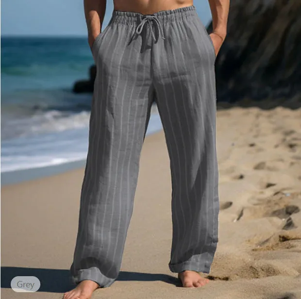 Men's Linen Drawstring Elastic Striped Pants