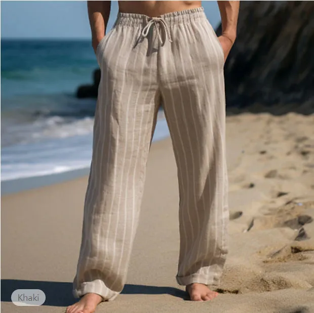 Men's Linen Drawstring Elastic Striped Pants