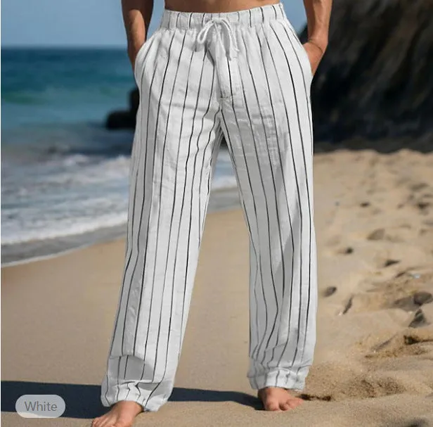 Men's Linen Drawstring Elastic Striped Pants